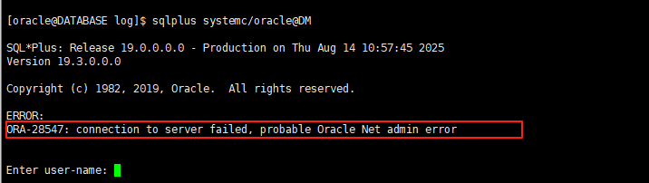 ORA-28547: connection to server failed, probable Oracle Net admin error